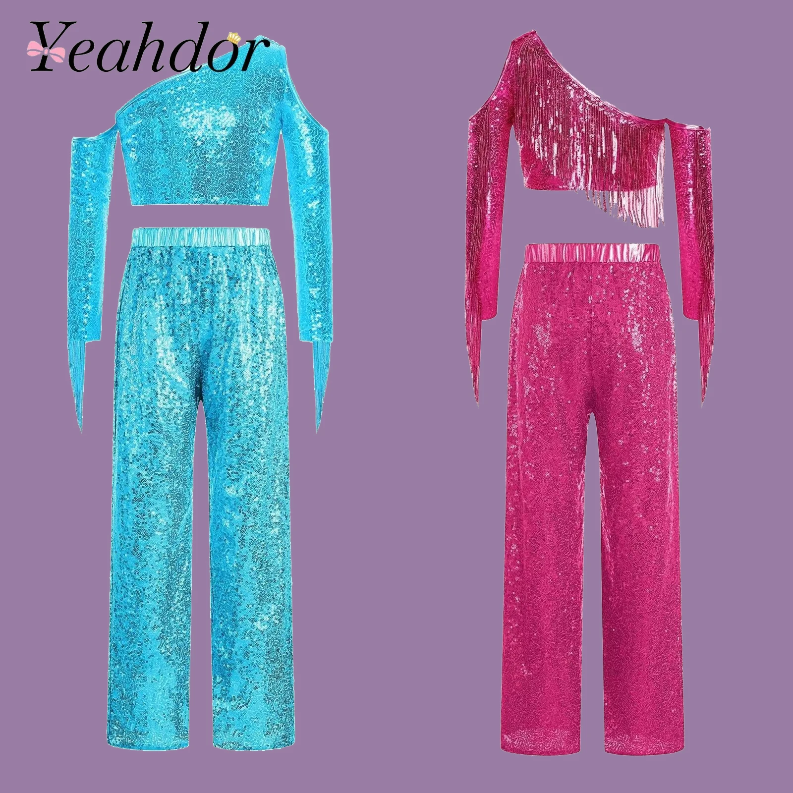 

Girls Sequins Two Pieces Street Kids Ballet Jazz Dance Disco Costume One Shoulder Sleeve Shiny Tassels Birthday Party Outfit