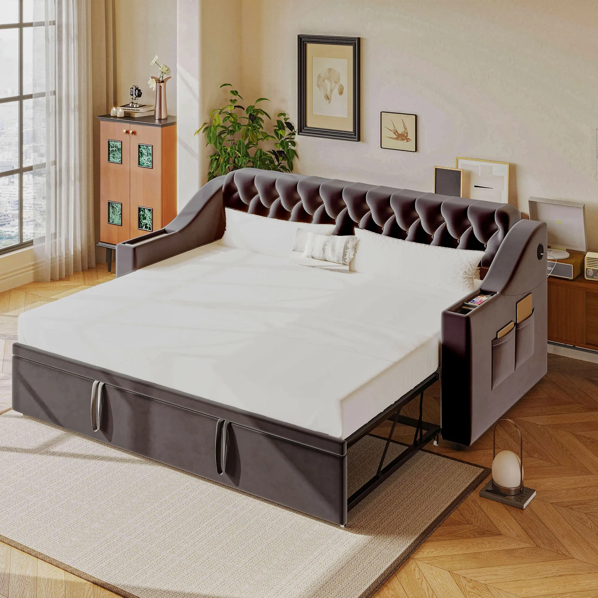 Lit gigogne 90x190 cm - Litenfant en velours avec rangement et port USB, sommier à lattes, sans matelas, gris foncé