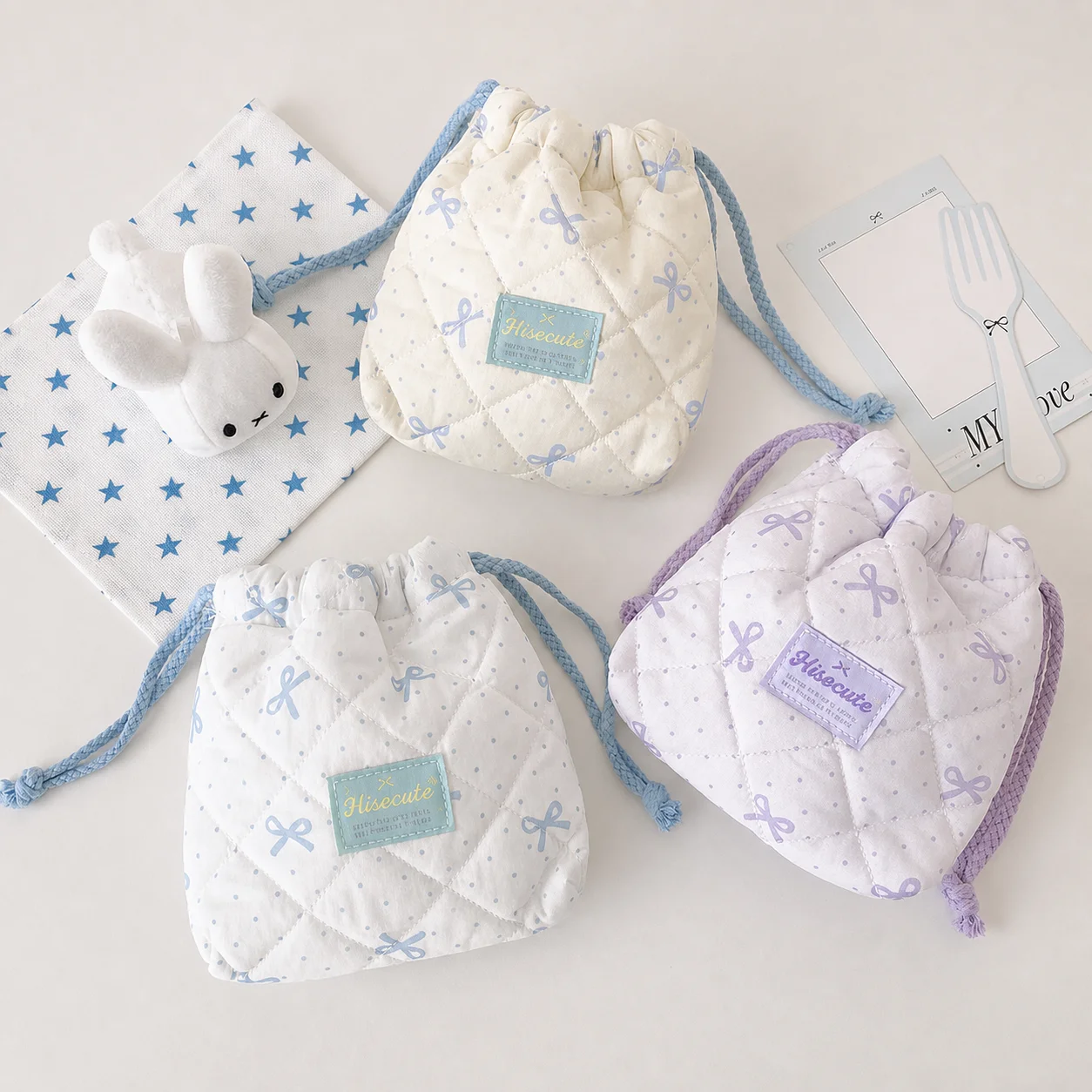 Portable Storage Pouch Trendy Cotton Drawstring Cosmetic Bag Skincare Storage Bag Square Quilted Square Storage Pouch For School