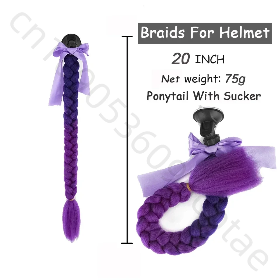 Motorcycle Helmet Pigtails Gradient Ramp Helmets Braids Ponytail Hair with Suction Cup with Bowknot for Motor Bike 1PCS 20inch