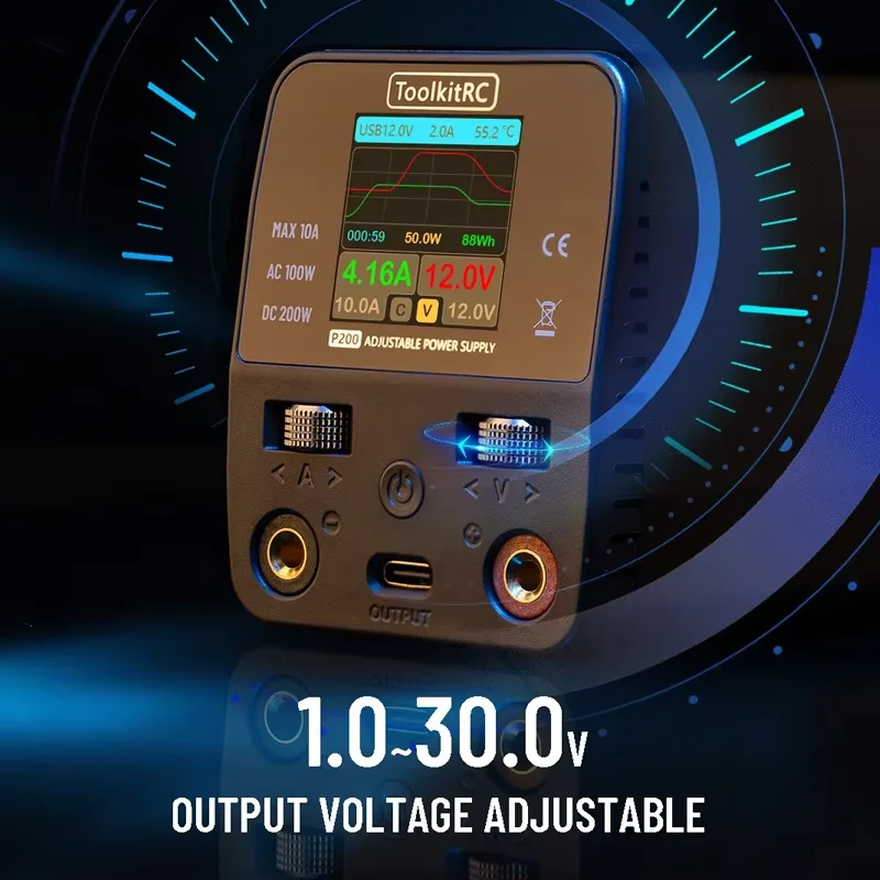 ToolkitRC P200 V2 Mini Desktop Power Supply 30V AC 100W DC 200W 10A GaN Adjustable USB Output for Electronics