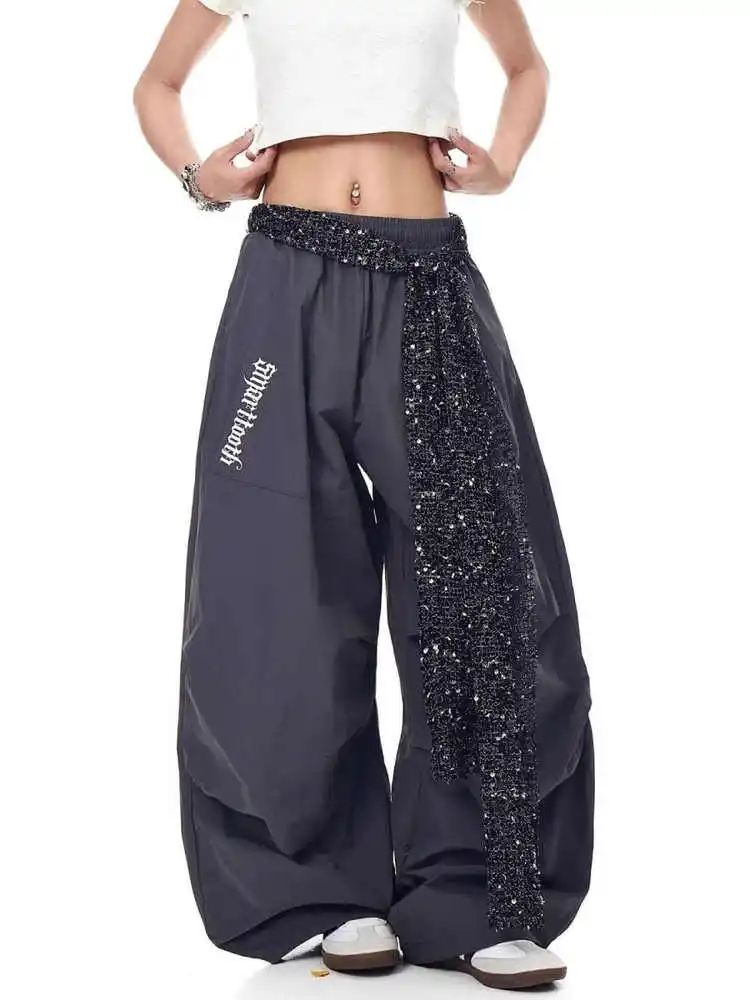ผู้หญิงสีเทาเข้ม Baggy ร่มชูชีพกางเกง Sweatpants กับแถบยืดหยุ่น Harajuku ญี่ปุ่น 2000s สไตล์ Y2k Vintage กางเกงเสื้อผ้า