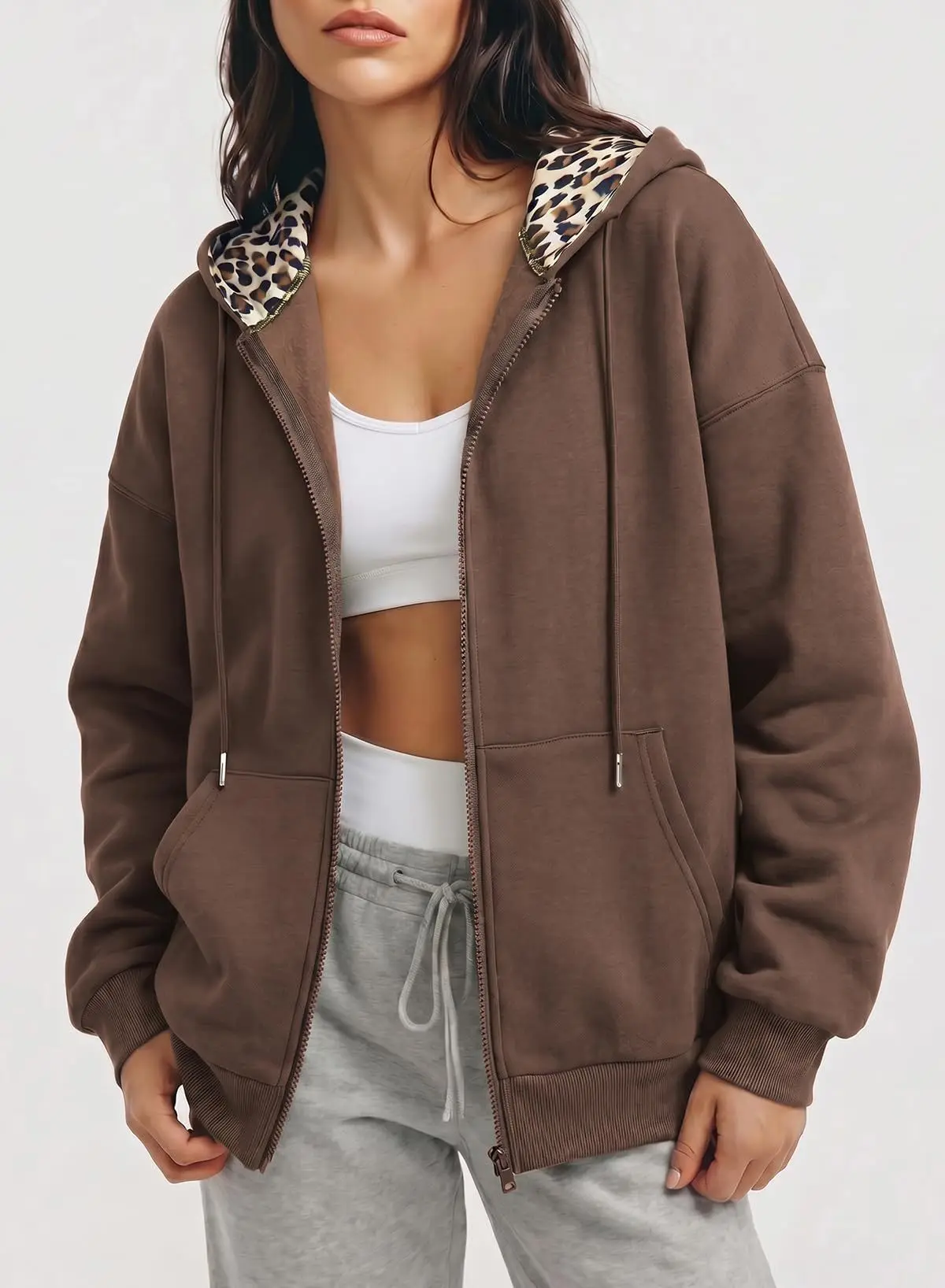 Women's Full Zip Hoodie with Leopard Hood Lining Oversized Long Sleeve Jacket Winter Warm Fleece Lined Sweatshirt Streetwear
