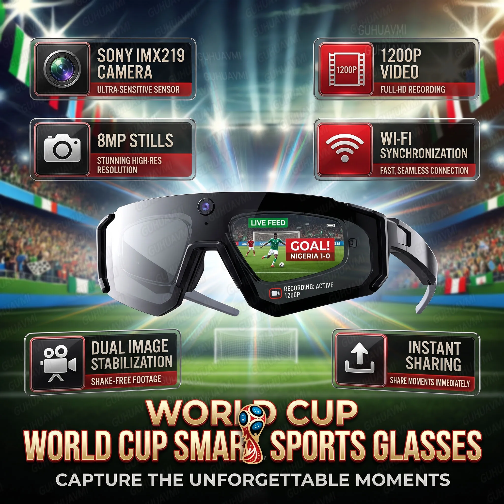 Lunettes de caméra intelligentes GUHUAVMI AI pour le cyclisme, vidéo 1200P, photo 32MP, prise de vue HD 8MP, transfert d'applications WiFi, stockage 32 Go, réveil vocal, reconnaissance d'objets par IA, traduction, double stabilisation anti-tremblement, lentille polarisée, chargement Type C, lunettes de sport, équipement de vlog en extérieur