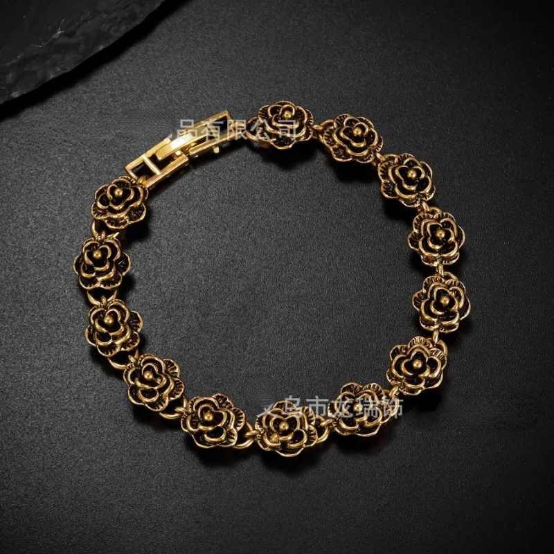 Vintage Gold Color Rose Alloy Bracelet for Women Girls 2023 New Fashion Light Luxury Temperament Versatile Flower Hand Jewelry