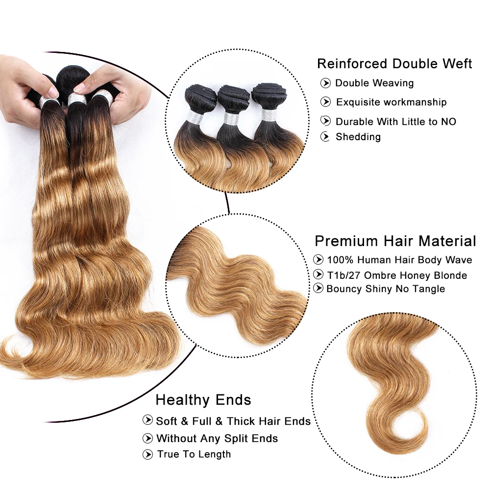 MOGULHAIR-Mèches Body Wave Brésiliennes Naturelles Remy, Blond Miel Ombré, avec Closure, 4x4, Dentelle Transparente 1B 27