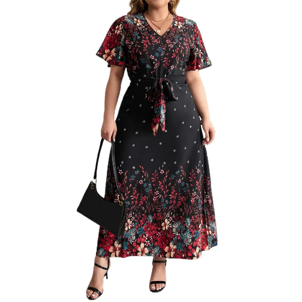 Waist Tie Dress Floral Print A-line Maxi Dress with Lace-up Belt V Neck for Women Plus Size Ankle Length Party Prom Lady Dress