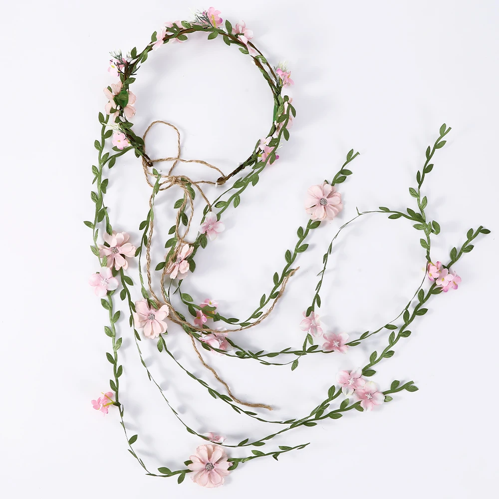 Haimeikang Flower Crown Headband Peach Blossom Wreath Garland Wedding Bridal Hair Bands Floral Women Ladies Leaf Vine Party