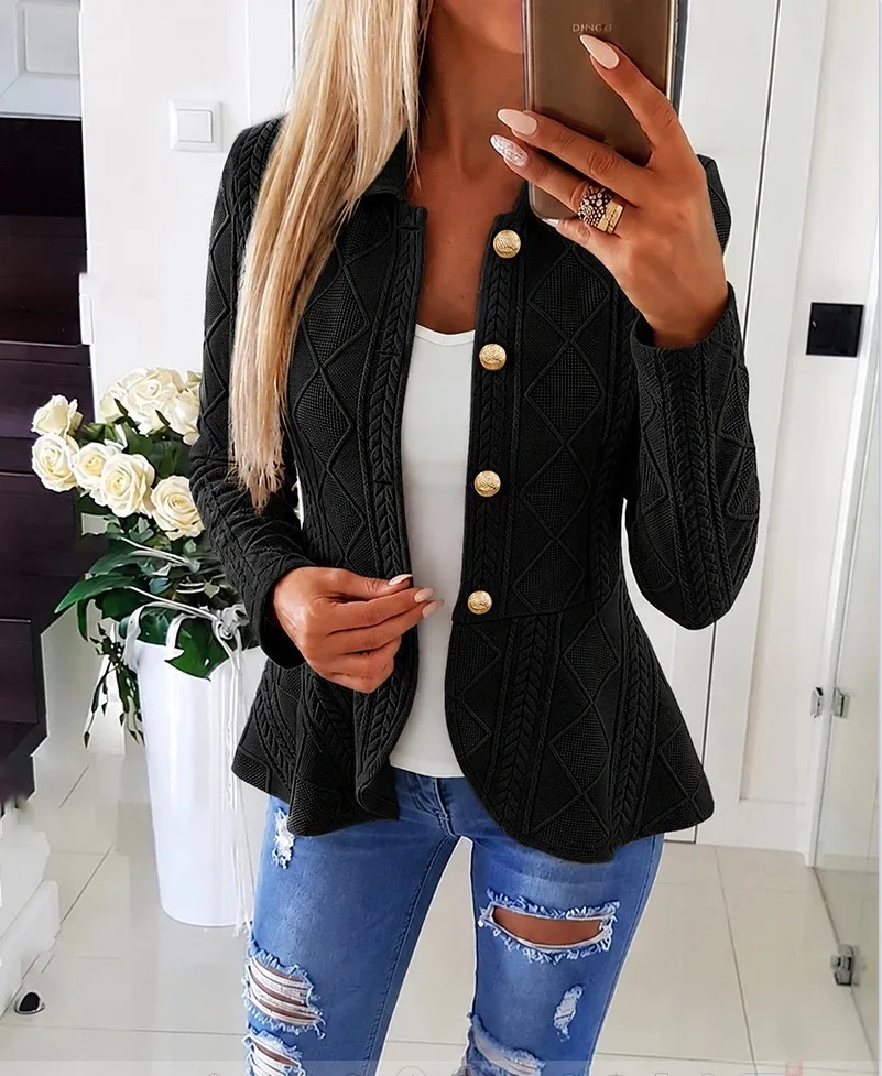 Women Knitted Blazer, Ruffle Hem Jacket, Diamond Jacquard, Stand Collar Button Down Slim Coat for Work Daily Wear
