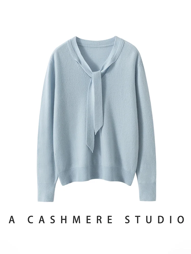 ผู้หญิง 100% เสื้อกันหนาวแคชเมียร์ริบบิ้น V คอออกแบบ Pullovers ฤดูใบไม้ร่วงฤดูหนาว Retro Retro สไตล์นุ่มเสื้อถักเสื้อผ้า Tops High-end