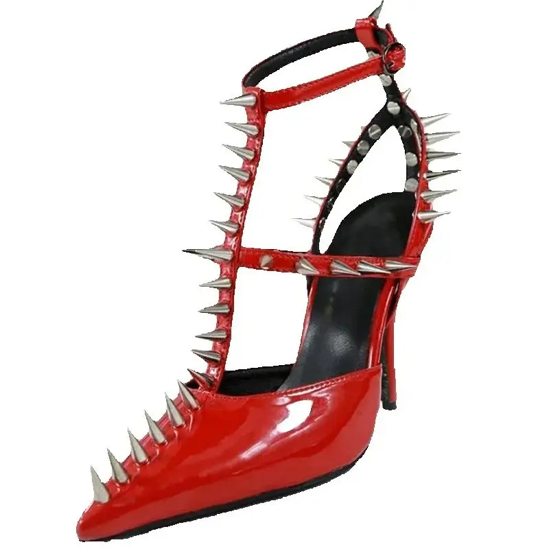 Pumps Women Spike Rivets Studded Red Patent Leather Pumps Buckle Strap Strappy Sexy Pointed Toe Gladiator Shoes 10 CM Heels