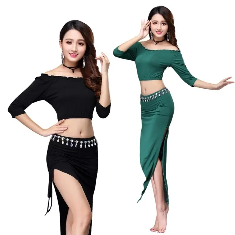 2022 Belly Dance Coustom long sleeve top+ skirt+Belt for dancing performance dance cloth for indian dance cloth