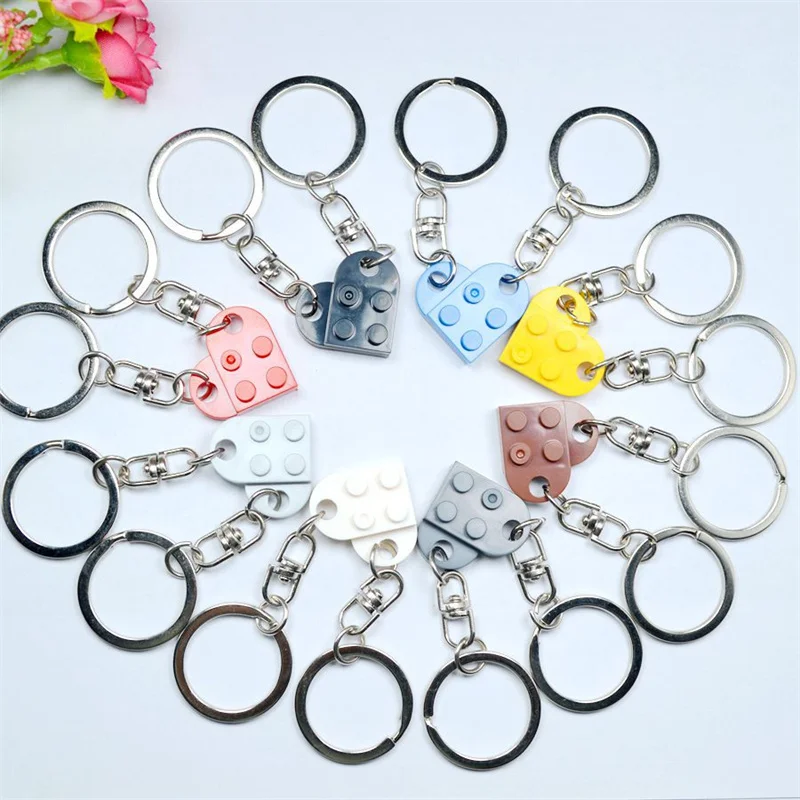 1Pair Cute Love Heart Building Block Keychains for Couples Separable Love Heart Brick Key Ring Vamlentine's Day Gift