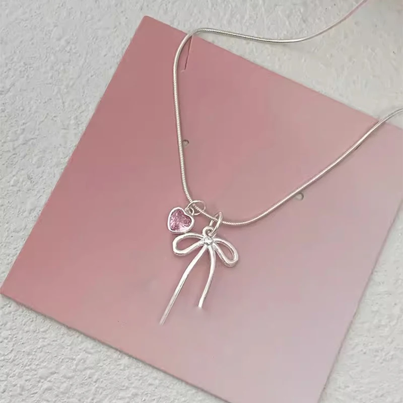 Foxanry Pink Zircon Bowknot Pendant Necklaces For Women Girls Sweet Elegant Classic Simple Personality Engagement Jewelry Gifts