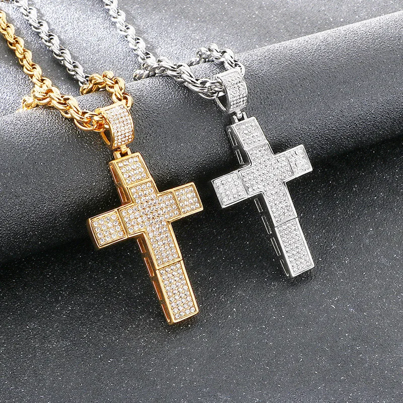 Large Full Drill Crystals Double-layer Cross-shaped Pendant Stainless Steel Men's Necklace Rope Chain Collar 7mm 20inch KN299685