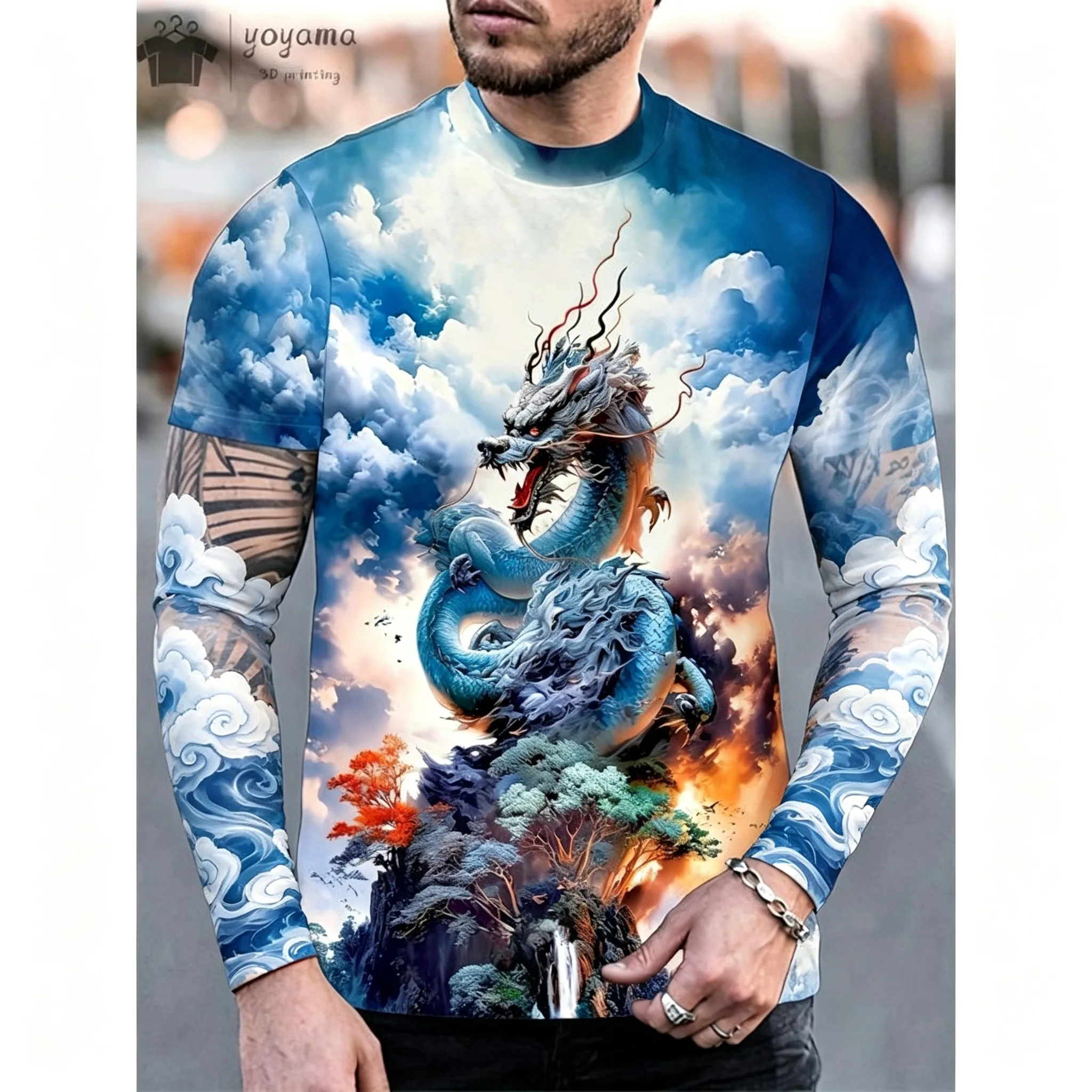 Men's Long Sleeve T-Shirt Oriental Dragon 3D Print Crew Neck Street Fashion Casual Tops