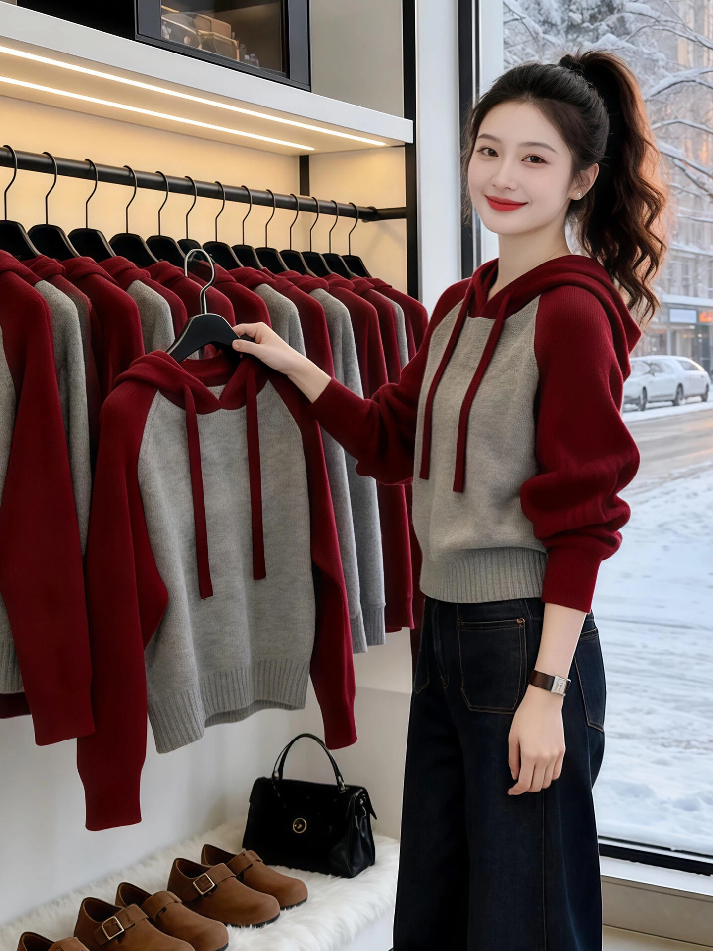 Fashionable Thickened Long Sleeve Knitted Hoodie Commute Base Shirt Loose Fit Ladies Casual Wear Spring 2026 Loose Style