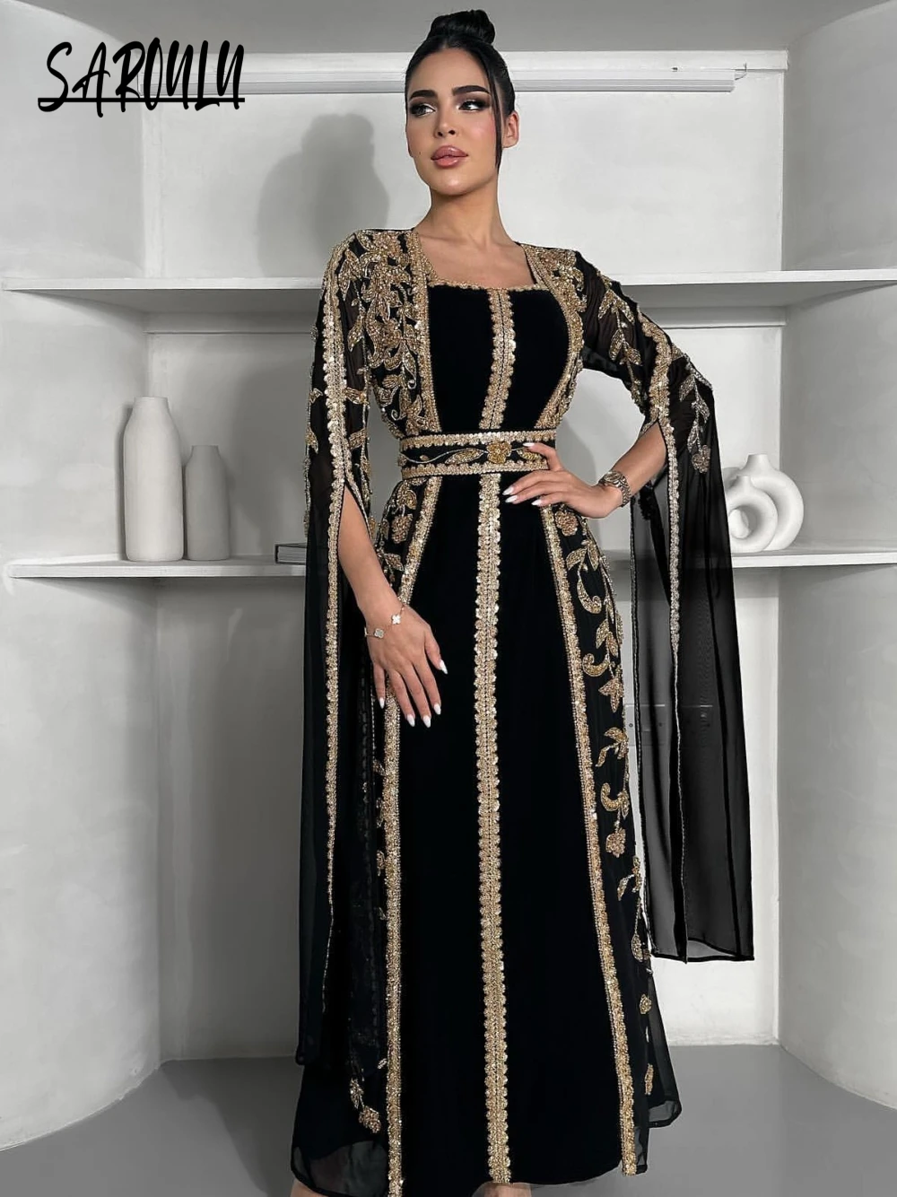 Black Caftan Beaded Square Neck Evening Dress Modern A Line Prom Elegant Women Luxurious Customized Kaftan Fashionable Gown