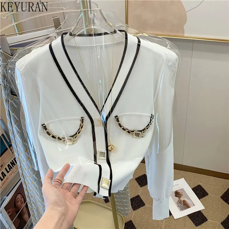 Autumn Summer V-neck Knitted Cardigan Women Korean Causal Solid Single Breasted Black/White Sweater Coat Woman Knitwear Top Crop