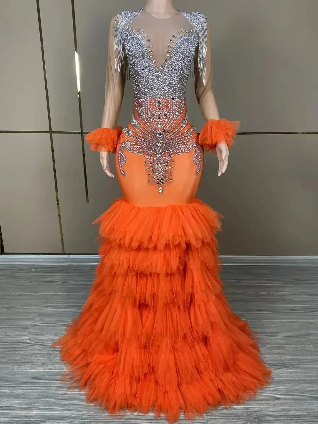 Orange Rhinestone Birthday Dress  Women Singer Stage Show Evening Prom Wedding Drag Queen Club  Wear