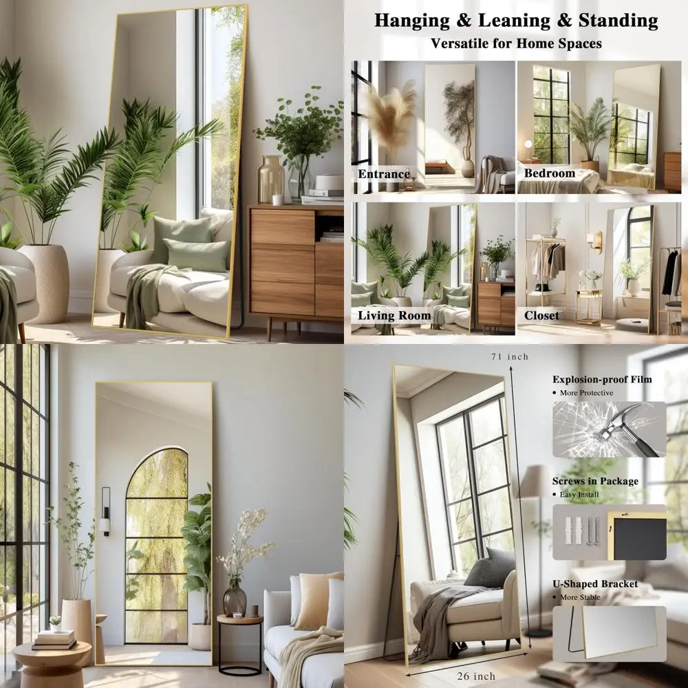 Großer goldfarbener Ganzkörper-Bodenspiegel mit Ständer, 26 x 71 cm, übergroßer Schminkspiegel für Schlafzimmerwand, ideal für Heimdekoration und Perso