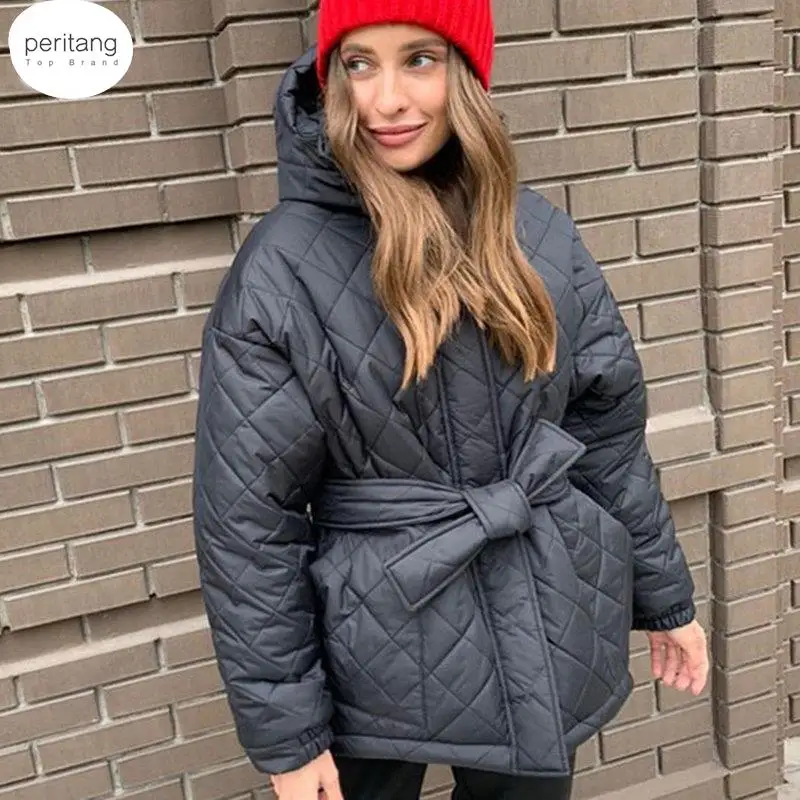 

2024 Casual Loose Arygle Hooded Parkas Women Fashion Solid Thick Short Coats Women Elegant Tie Belt Cotton Jackets Female Ladies