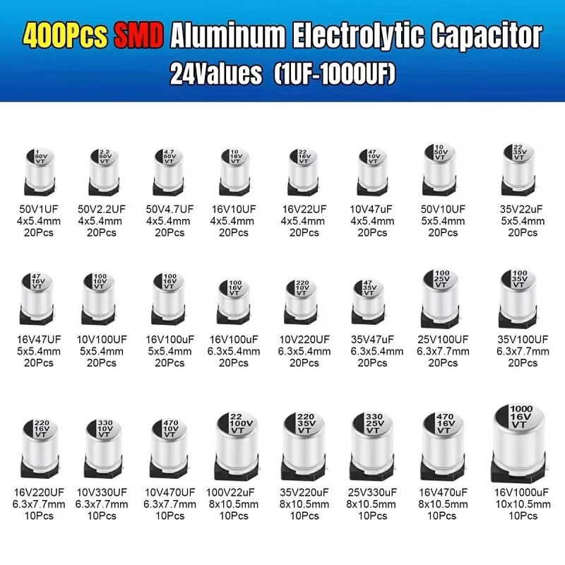 

400 PCS Aluminum Electrolytic Capacitor Kit SMD Electrolytic Capacitors 1uF ~ 1000uF 6.3V-50V 24 Values