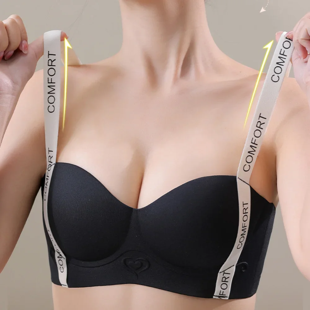 

Ladies' Half Cup Underwear Gather Stand Leave No Trace Top Jelly Bra Letter Love Slimming Underwear
