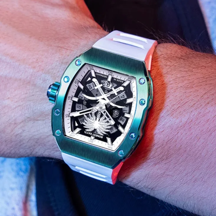 BONEST GATTI Men Automatic Watch 43mm Tonneau Mechanical Wristwatch Waterproof Luminous FKM Strap Middle East Coconut Tree Dial