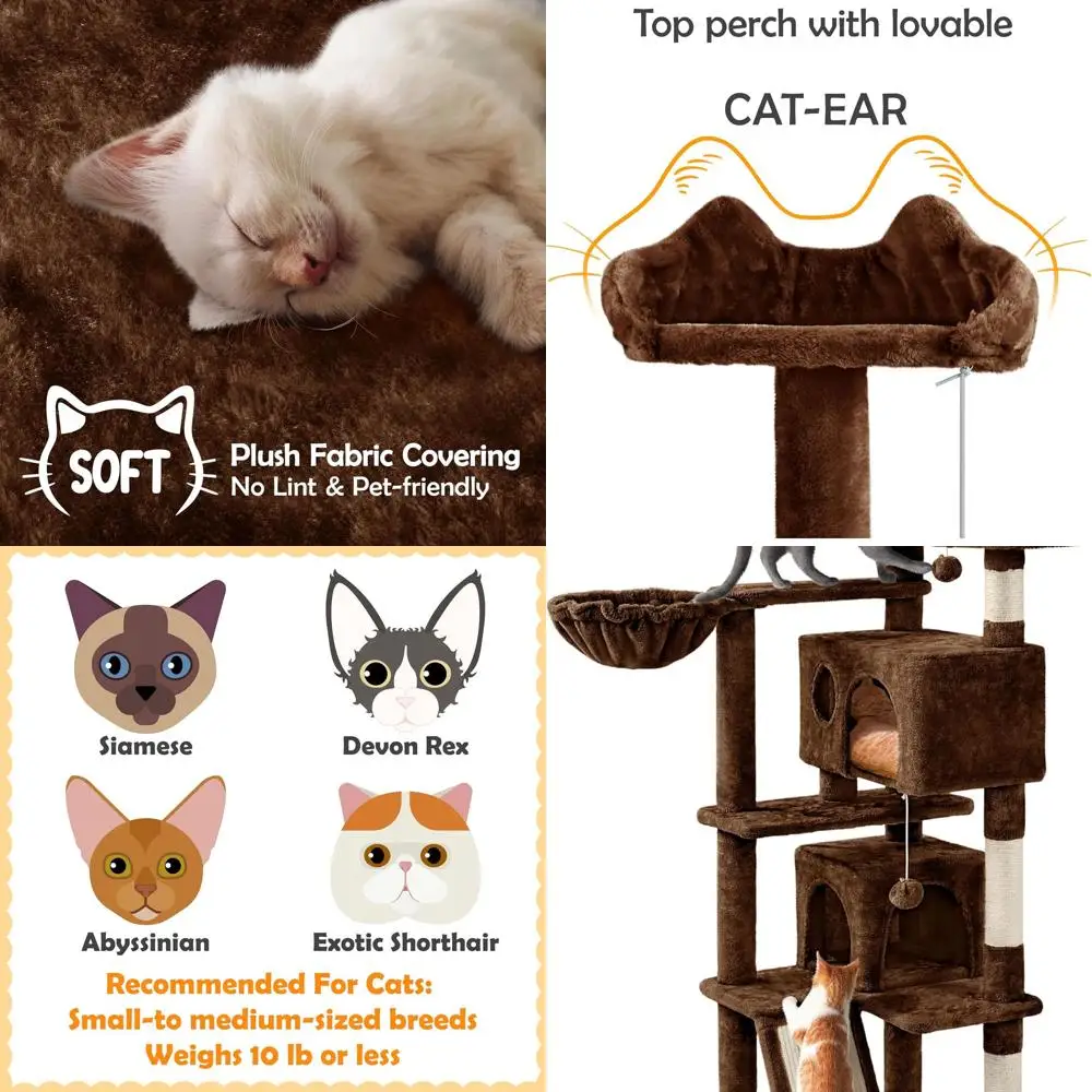 

Indoor 57 Multi-Level Cat Tower with 3 Perches, 2 Condos, Hanging Balls, Scratch Posts, Brown