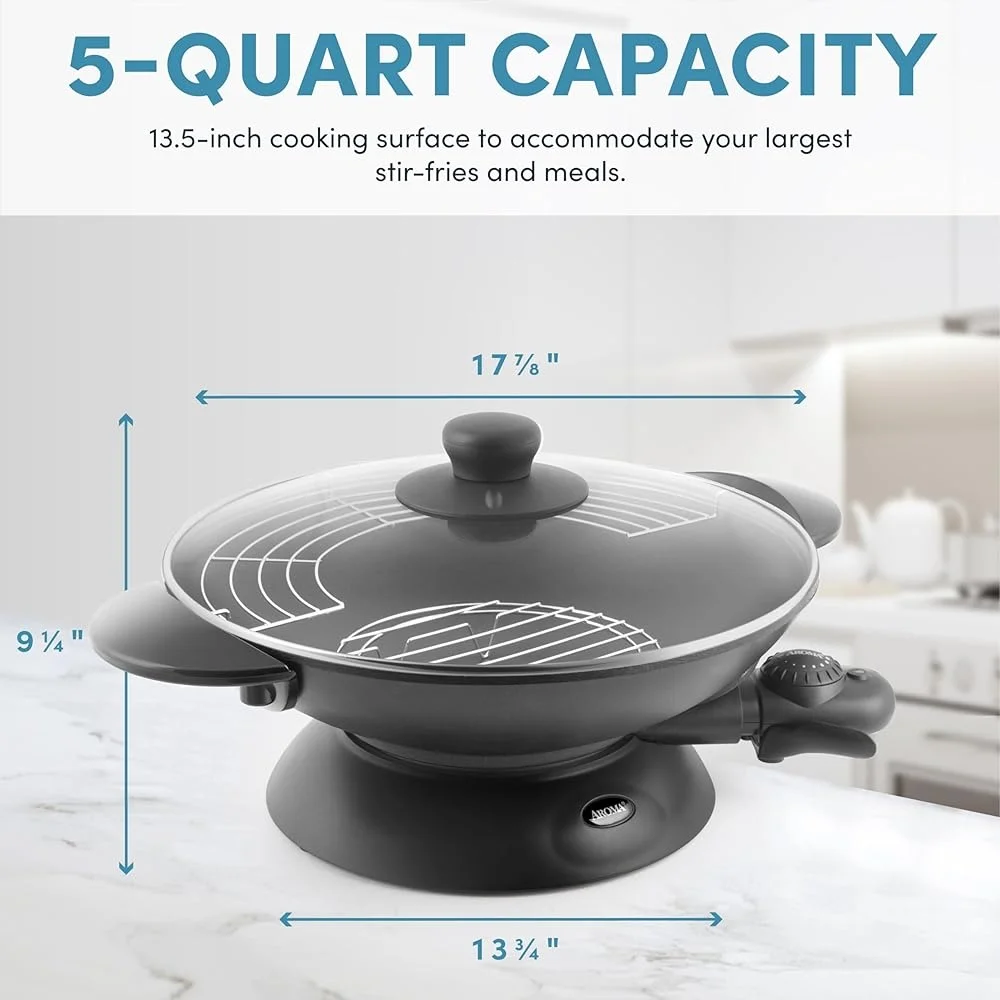 Elektryczny wok nieprzywierający z pokrywą ze szkła hartowanego, ruszty do gotowania na parze tempura, przedłużone pałeczki, łatwe czyszczenie, wytrzymały, 5 kwart