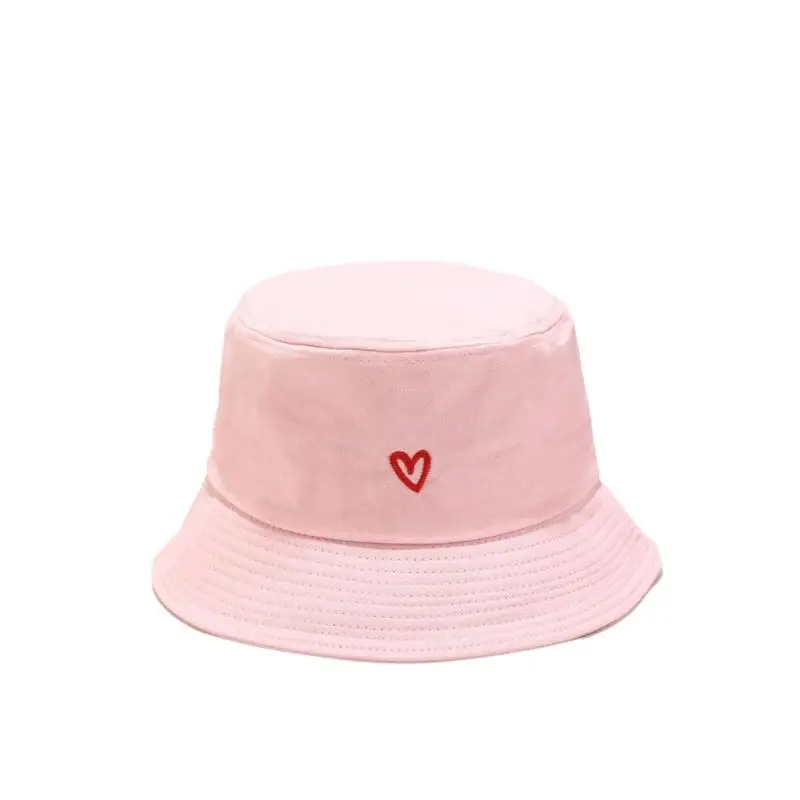 

652F Heart Embroidered Bucket Hats for Women Girls Casual Outdoor Cotton Hats