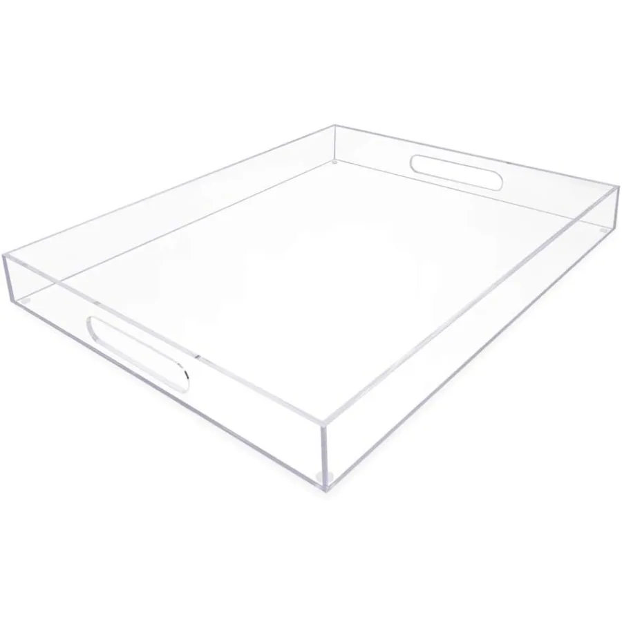 

Clear Acrylic Serving Tray 16x20 with Cutout Handles SpillProof Stackable Organizer SpaceSaver Food and Drinks Server Indoors O