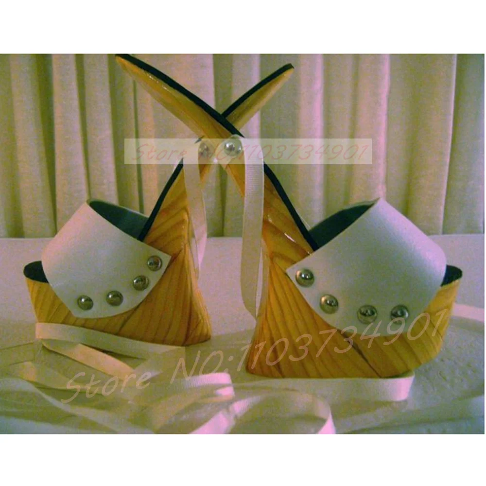 Ribbon-Wrapped Platform Heelless Sandals Women Wood Grain Rivets Round Toe Wedge Sandals Sexy Feminine High Heels Footwear