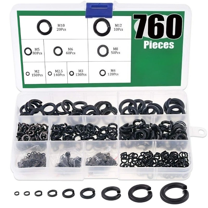 760Pcs Spring Lock Washer Assortment Kit Black Galvanized Alloy Steel 9 Sizes - M2 M2.5 M3 M4 M5 M6 M8 M10 M12