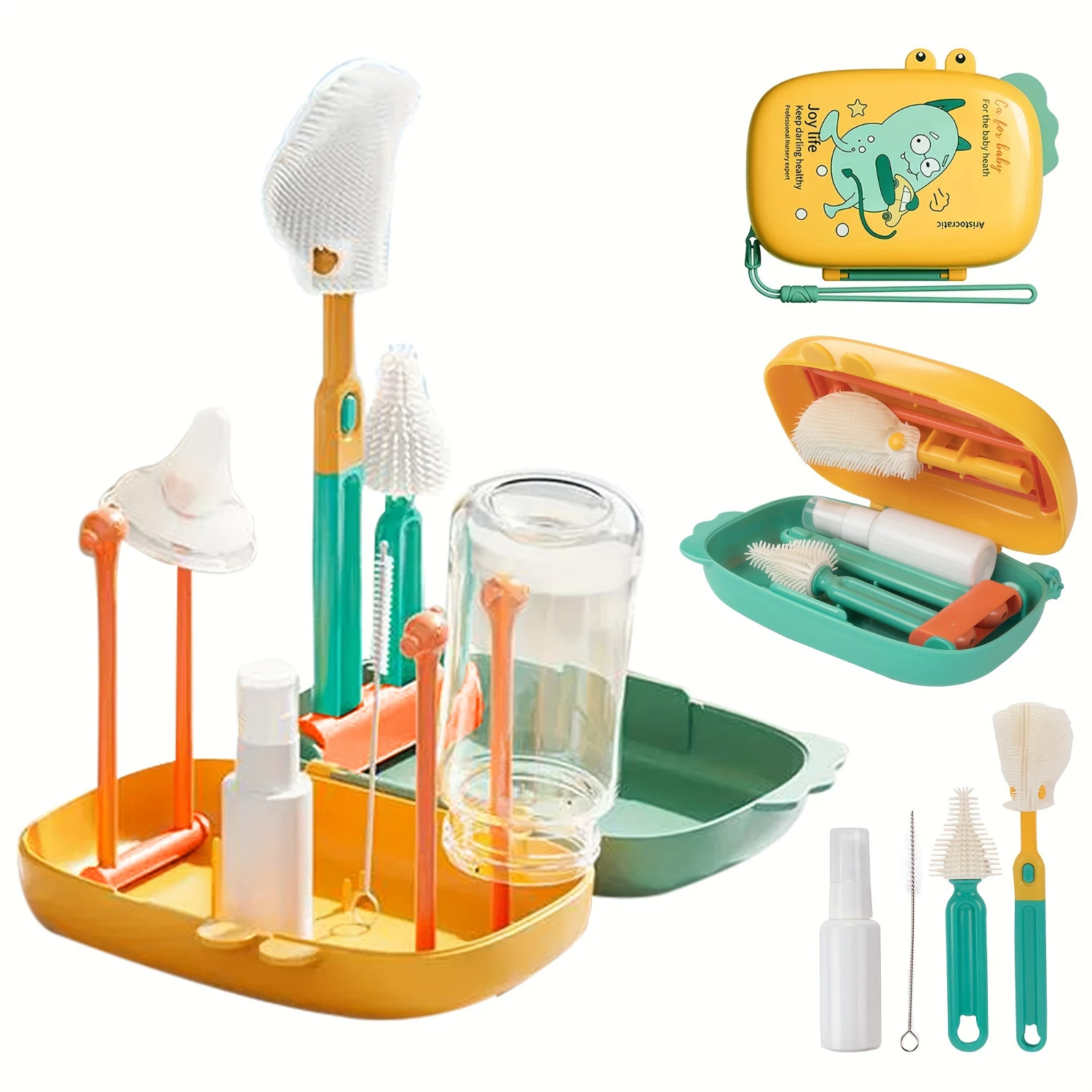 8PCS Ultimate Travel Baby Bottle Cleaning Kit - 8-in-1 Space-Saving Drying Rack & Brush Set with Extendable Silicone Cleaner, Po