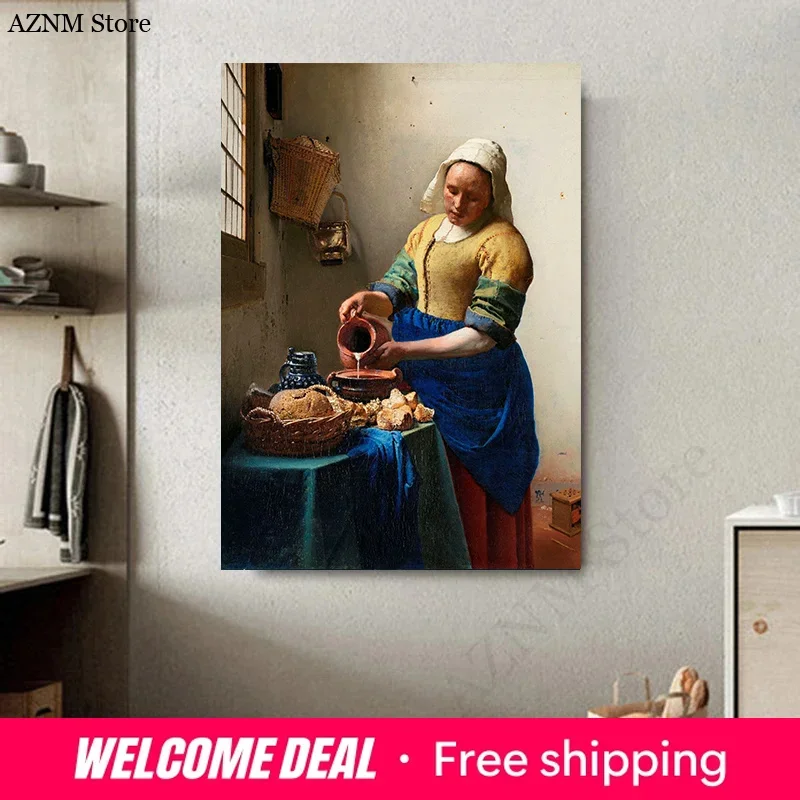 Johannes Vermeer Classic Artwork Famous Painting Canvas Poster Print The Milkmaid Girl with A Pearl Earring Mural for Home De