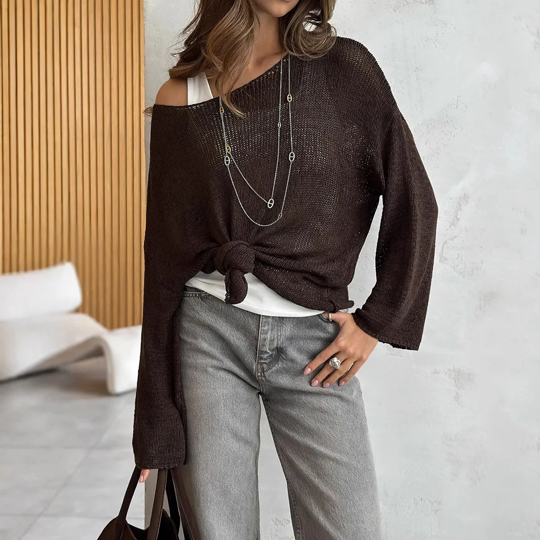 Simple Solid Color Long-sleeved Sweater Spring New Knitted Hollow Top Casual Sweater