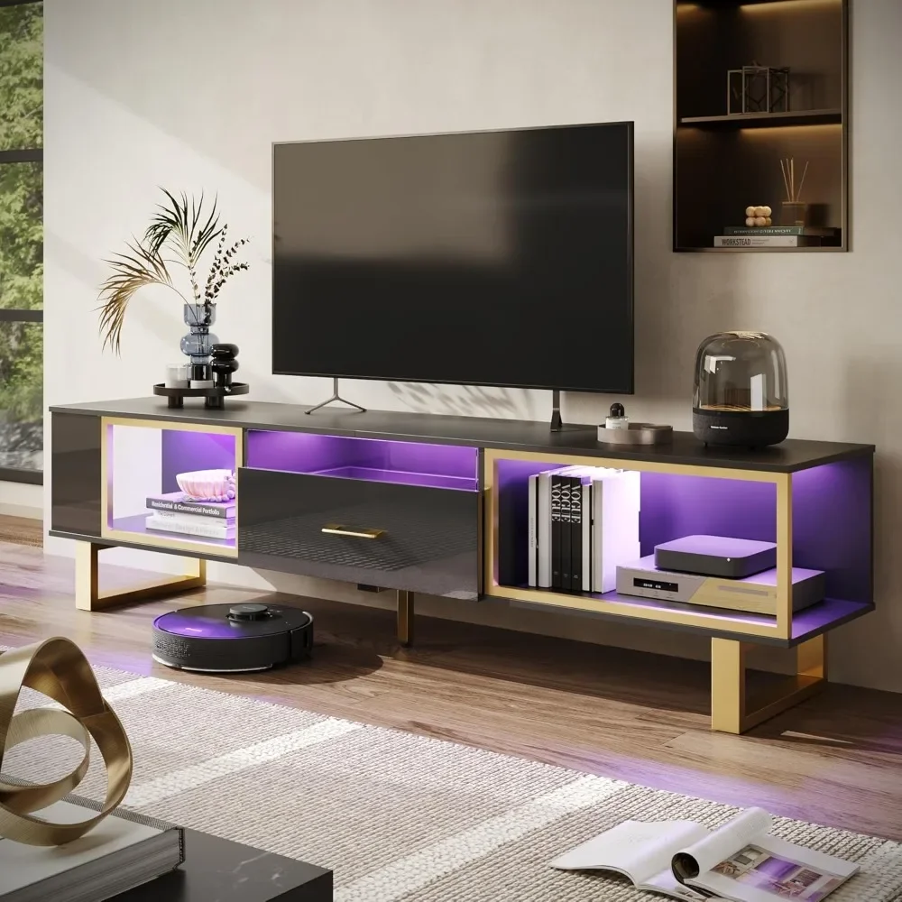 

70 inch TV Stand with LED Lights for 75 inch TV, Entertainment Center with Open Storage and Half-Glass Design Drawer