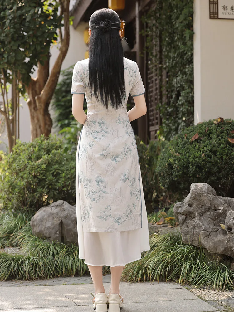 Summer Short Sleeve Cheongsam Print Flower Ao Dai Qipao Chinese Dresses Vintage Mandarin Collar Qipao