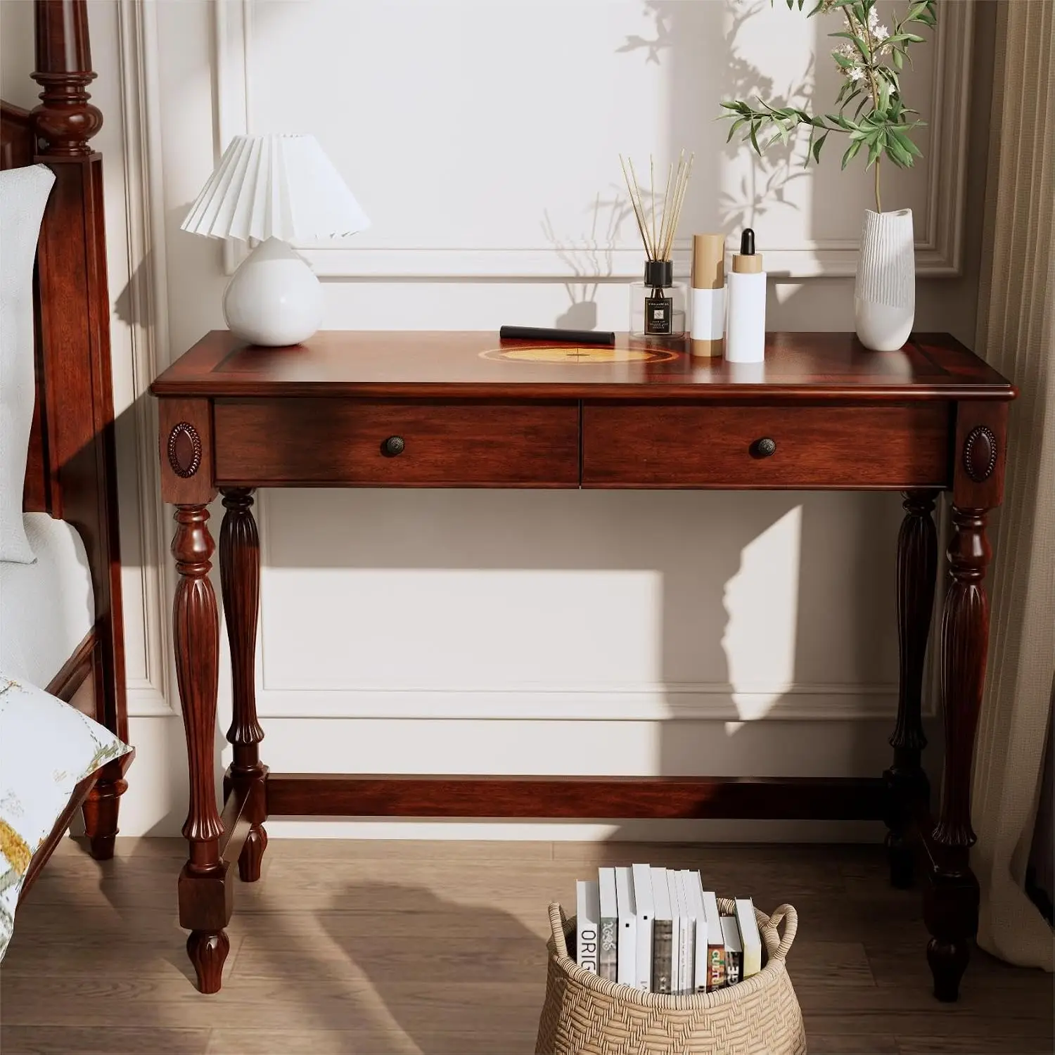 Vintage Solid Wood Writing Desk With 2 Drawers, 39.4