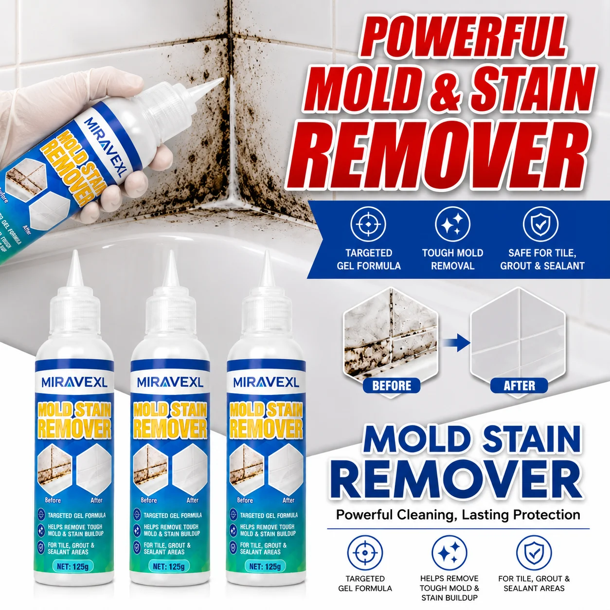 125g MIRAVEXL Mold Mildew Remover Gel Deep Cleaner for Wall Tile Grout Silicone Sealant Kitchen Bathroom Household Tools