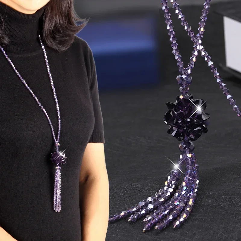 Korean Long Tassel Crystal Beads Necklace For Women Sweater Chain Beaded Link Simple Black Red Fashion Jewelry