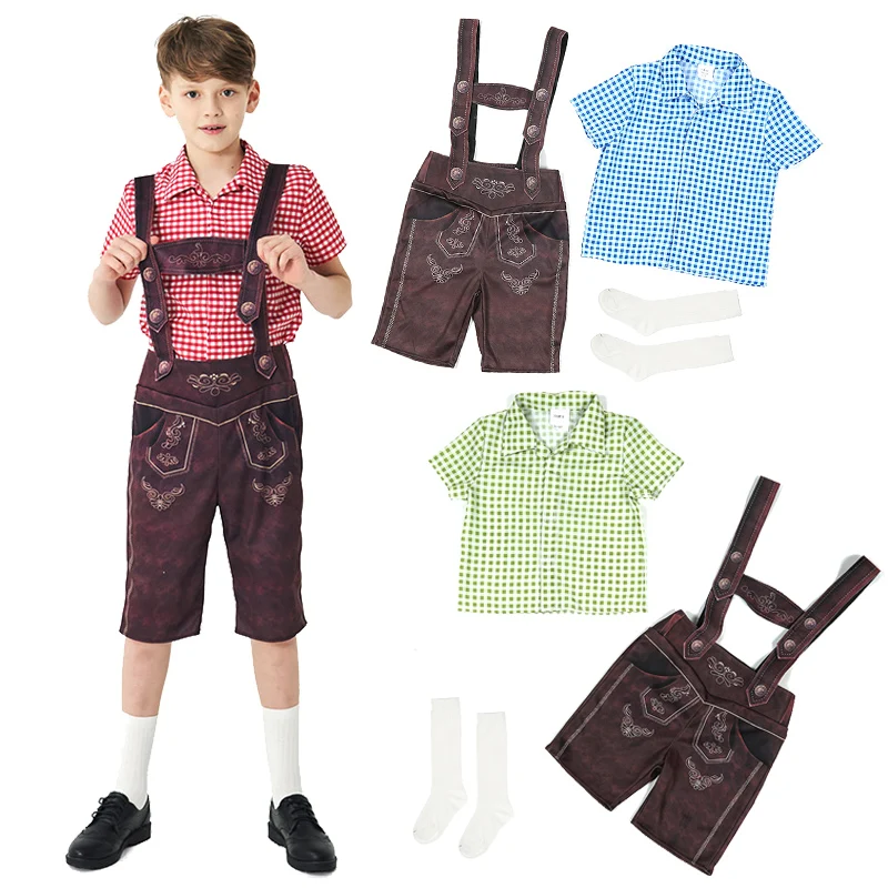 

Детский костюм Октоберфеста на Хэллоуин, трехцветные клетчатые рубашки Lederhosen, баварский немецкий пивной костюм для мальчика, карнавальный костюм