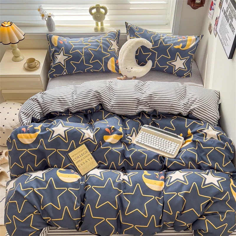 New Cute Stars Printed Bedding Set 4/3/1 Pcs Skin-friedly Breathable Duvet Covers Comfortable Durable Single Double Quilt Cover