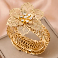 Fashion Jewellery Women Crystal Flower Open Bangles Golden Silvery Color Elastic Open Bracelet Femme Cuff Bracelet Jewelry