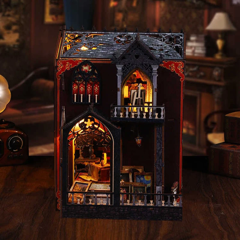 ชุดประกอบบ้านตุ๊กตาไม้ DIY สตูดิโอศิลปะ เฟอร์นิเจอร์จิ๋ว ชุดประกอบมุมอ่านหนังสือ โมเดลอาคาร 3 มิติ ของเล่นประกอบเอง ของขวัญคริสต์มาสสำหรับผู้ใหญ่ บ้านตุ๊กตา