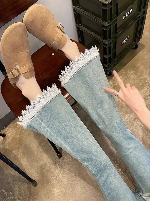 High Waist Bell Bottom Jeans Women's Lace Trim Spring Autumn Sweet Spicy Style Slimming Nine Point Jeans Denim Fabric