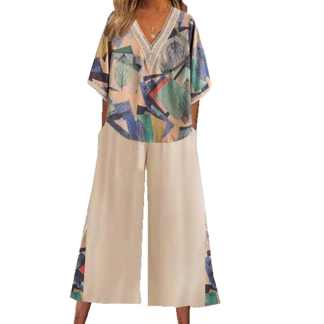 Mode bedrukte kleurcontrasterende tweedelige set dames zomer en herfst casual en comfortabele topbroek met V-hals en zeven mouwen
