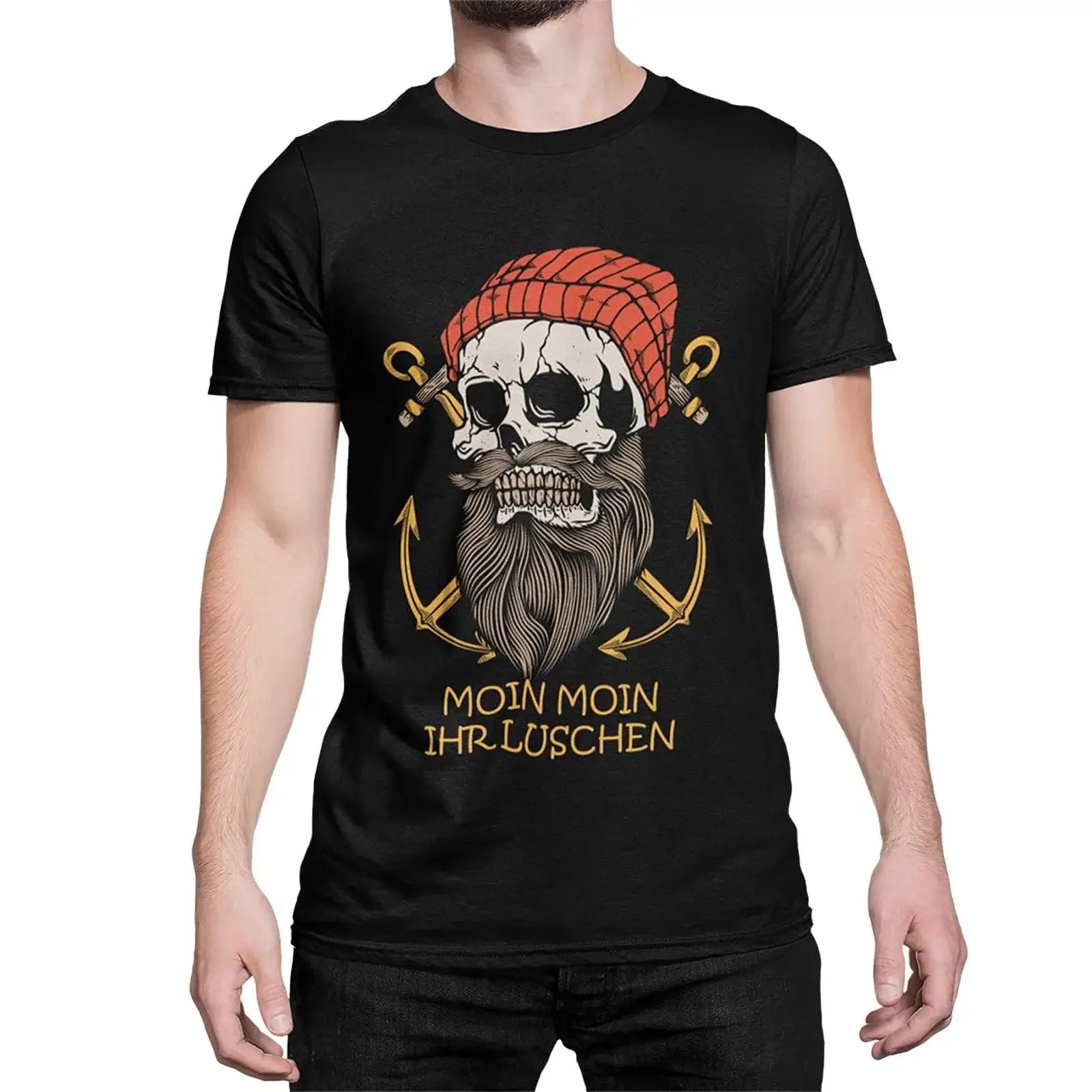 Moin Ihr Luschen Funny Skull Beard Anchor T Shirt Men's Vintage Sailor Captain Humor Slogan  vintage Washed homme Soft